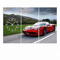 Картина з годинником «Червона Ferrari на трасі» Спорткар Настінний декор в чоловічий інтер'єр Друк на полотні 90х60см з 3х частин, фото 2