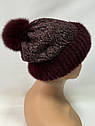 Хутряна норкова шапка жіноча на плетеній основі "Ажур" Бордова, фото 8