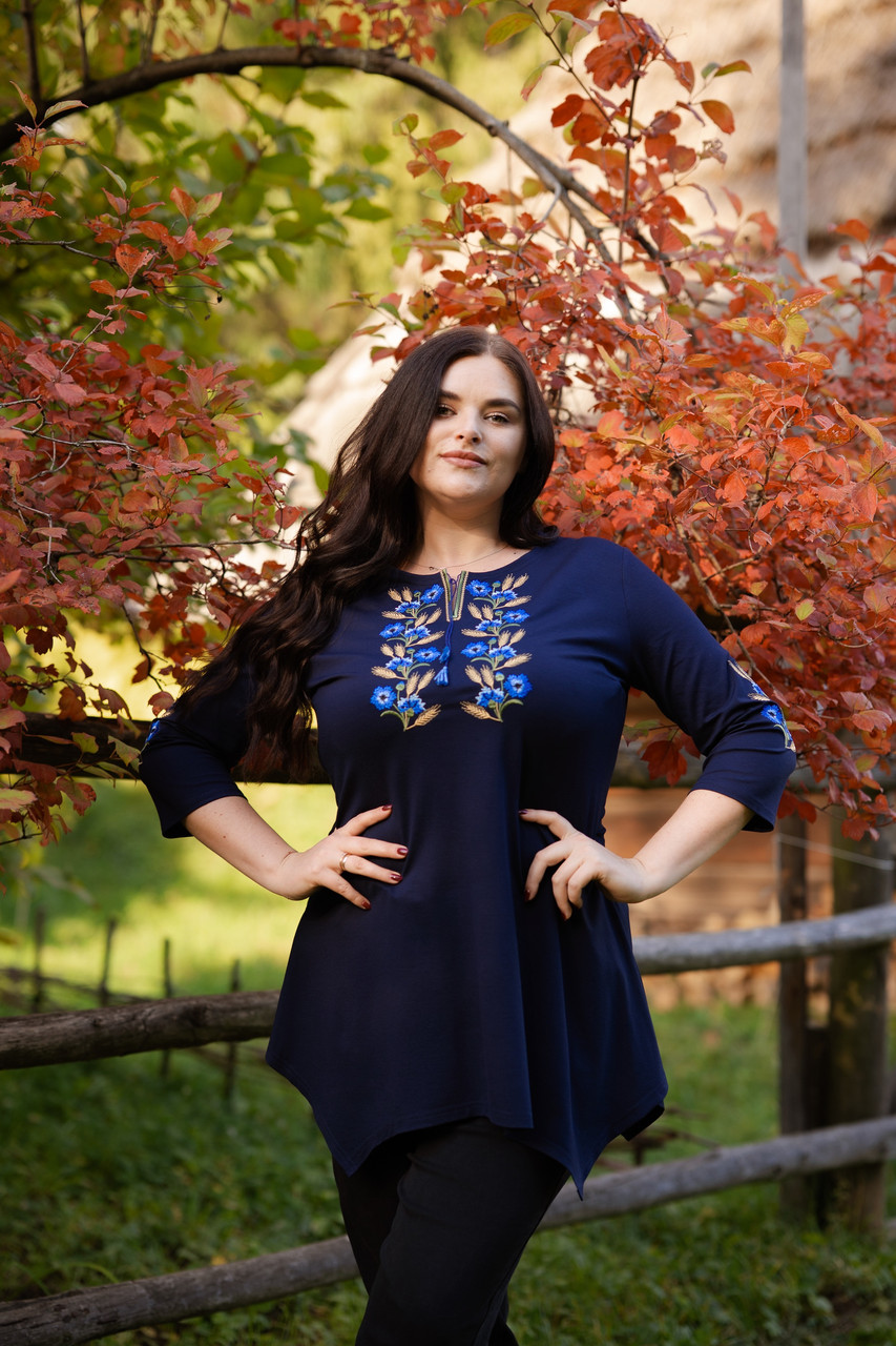 Жіноча туніка Волошки темно-синя, рукав 3/4, фото 1