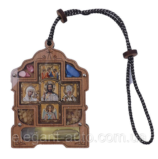 Ікона оберіг на нитці на дзеркало заднього виду дерево + 5 образів+ладан+масло (5,3*7,0см)