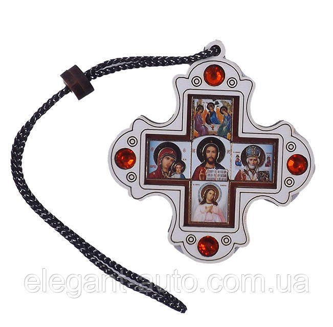 Хрест дерев'яний на дзеркало заднього виду на нитці з каміням + 5 образів (7х6см)