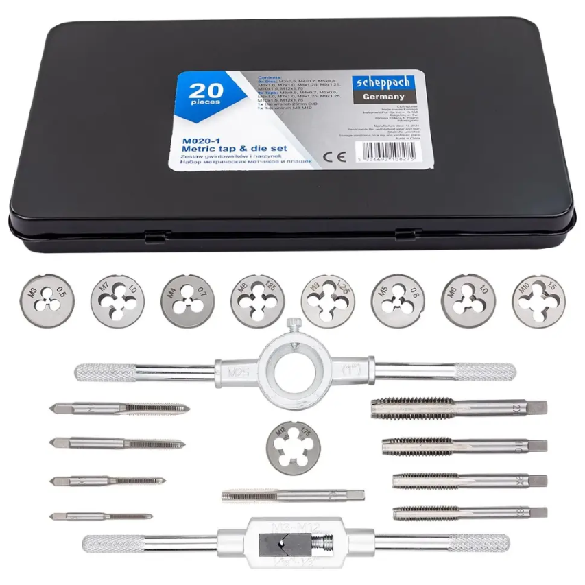 Набір метричних мітчиків та плашок 20 пр.(М3-М12) в металевому кейсі Scheppach SCH-M020-1, фото 1