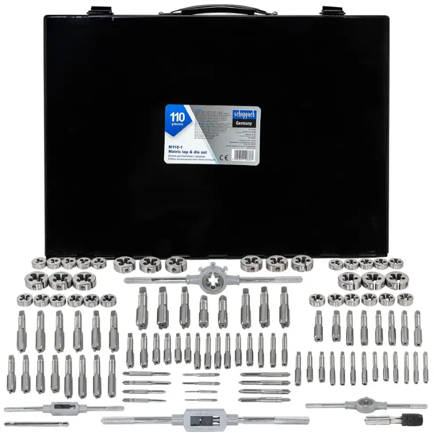 Набір метричних мітчиків та плашок 110 предметів (М2-М18) в металевому кейсі Scheppach SCH-M110-1, фото 1