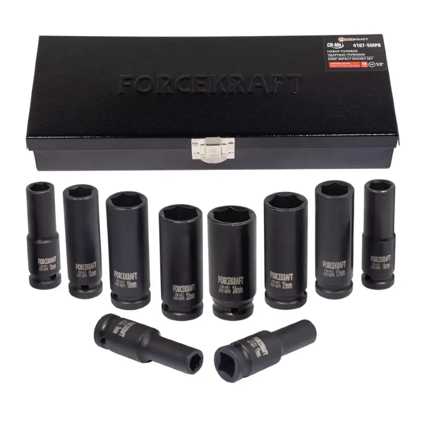 Набір головок ударних глибоких в металевому кейсі 1/2" 10 предметів (6-гр.) (10-24 мм) FORCEKRAFT FK-4107-5MPB, фото 1