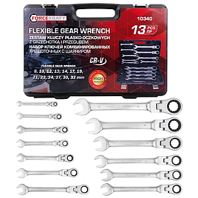 Набір комбінованих ключів з тріскачкою та шарніром 13 предметів в кейсі (8-32 мм) FORCEKRAFT FK-10340