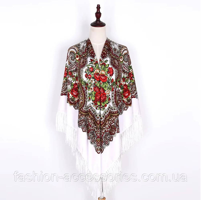 🧣 Хустка біла з квітковим орнаментом «Червона троянда» 140*140 см, фото 1