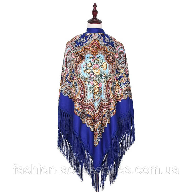 🧣 Хустка синя з квітковим орнаментом «Червона троянда» 140*140 см, фото 1