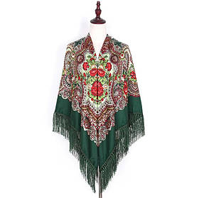 🧣 Хустка зелена з квітковим орнаментом «Червона троянда» 140*140 см