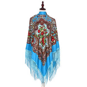 🧣 Хустка блакитна з квітковим орнаментом «Червона троянда» 140*140 см