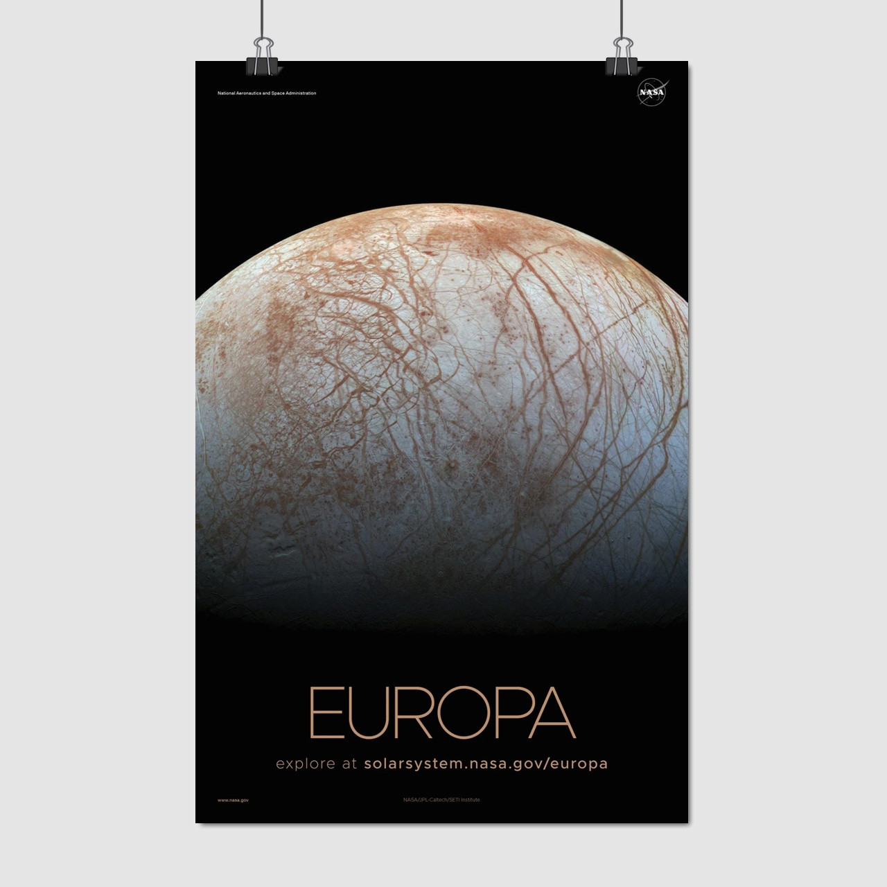 Плакат "Європа, супутник Юпітера, Europa, NASA poster", 60×39см