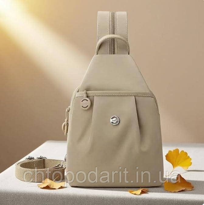 Сумка-рюкзак міні, стильна жіноча текстильна сумочка, молодіжний міський компактний рюкзачок слінг анти-злодій, бежева Код 00-0758, фото 1
