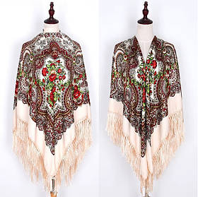 🧣 Хустка молочна з квітковим орнаментом «Червона троянда» 140*140 см