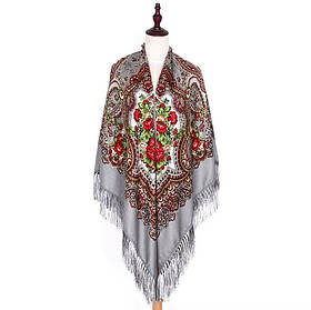 🧣 Хустка сіра з квітковим орнаментом «Червона троянда» 140*140 см