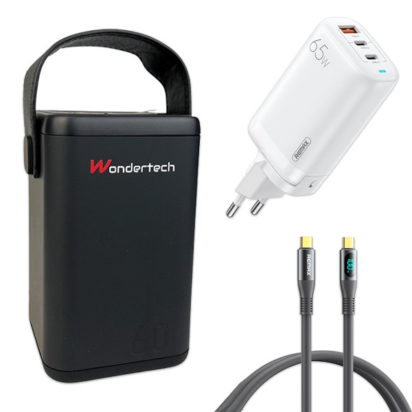 Комплект WonderTech Повербанк O2 Project 60000 мА·год/Кабель Remax RC-C032/Бістра GaN заряджання Remax RP-U55, фото 1