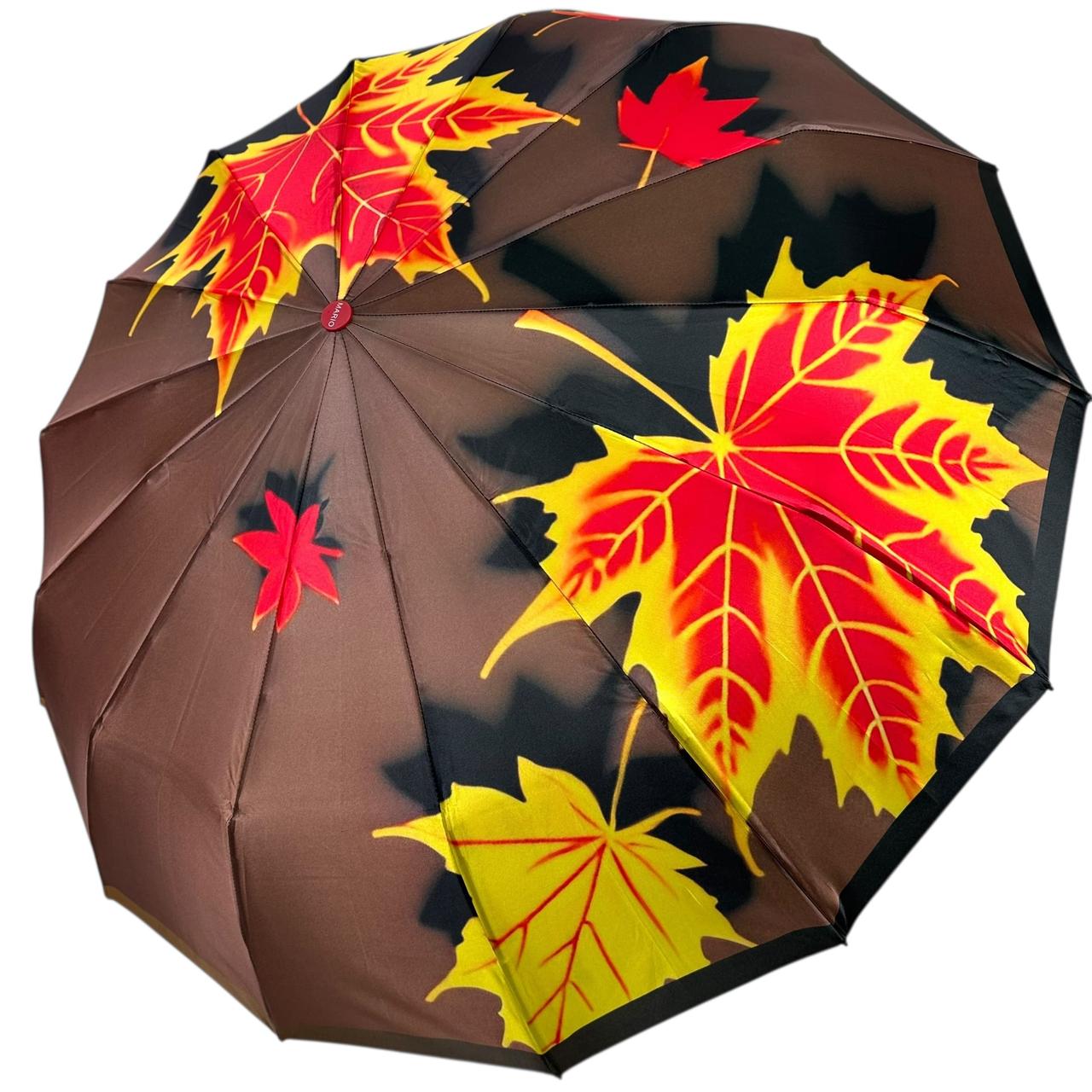 Жіноча парасоля автомат на 14+3+2 сигментних карбонових спиць сатиновий купол з принтом листя від Mario, ручка червона, MR 02025-1