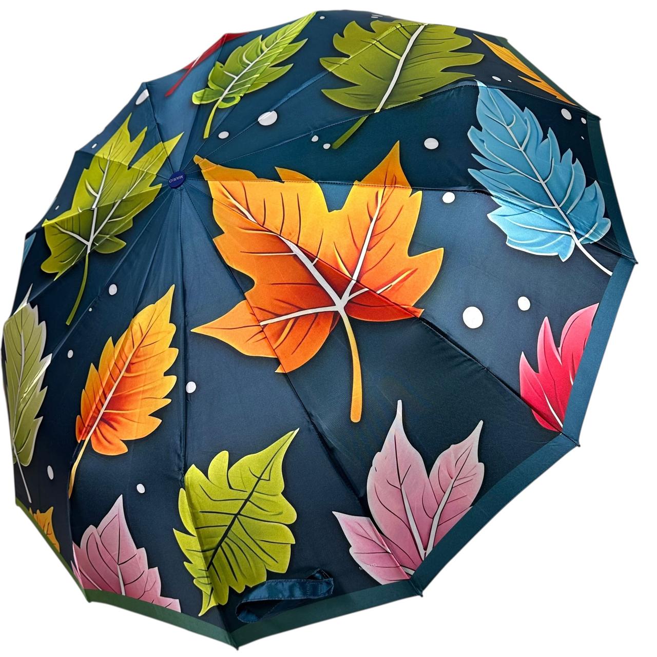 Жіноча парасоля автомат на 14+3+2 сигментних карбонових спиць сатиновий купол з принтом листя від Mario, ручка синя, MR 02025-2