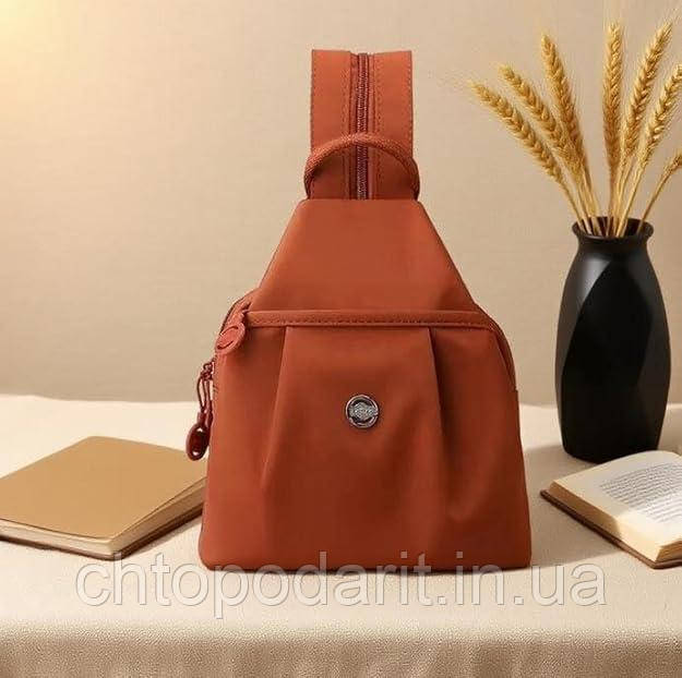 Сумка-рюкзак міні стильна жіноча текстильна сумочка молодіжний міський компактний рюкзачок слінг анти-злодій теракот Код 00-0762, фото 1