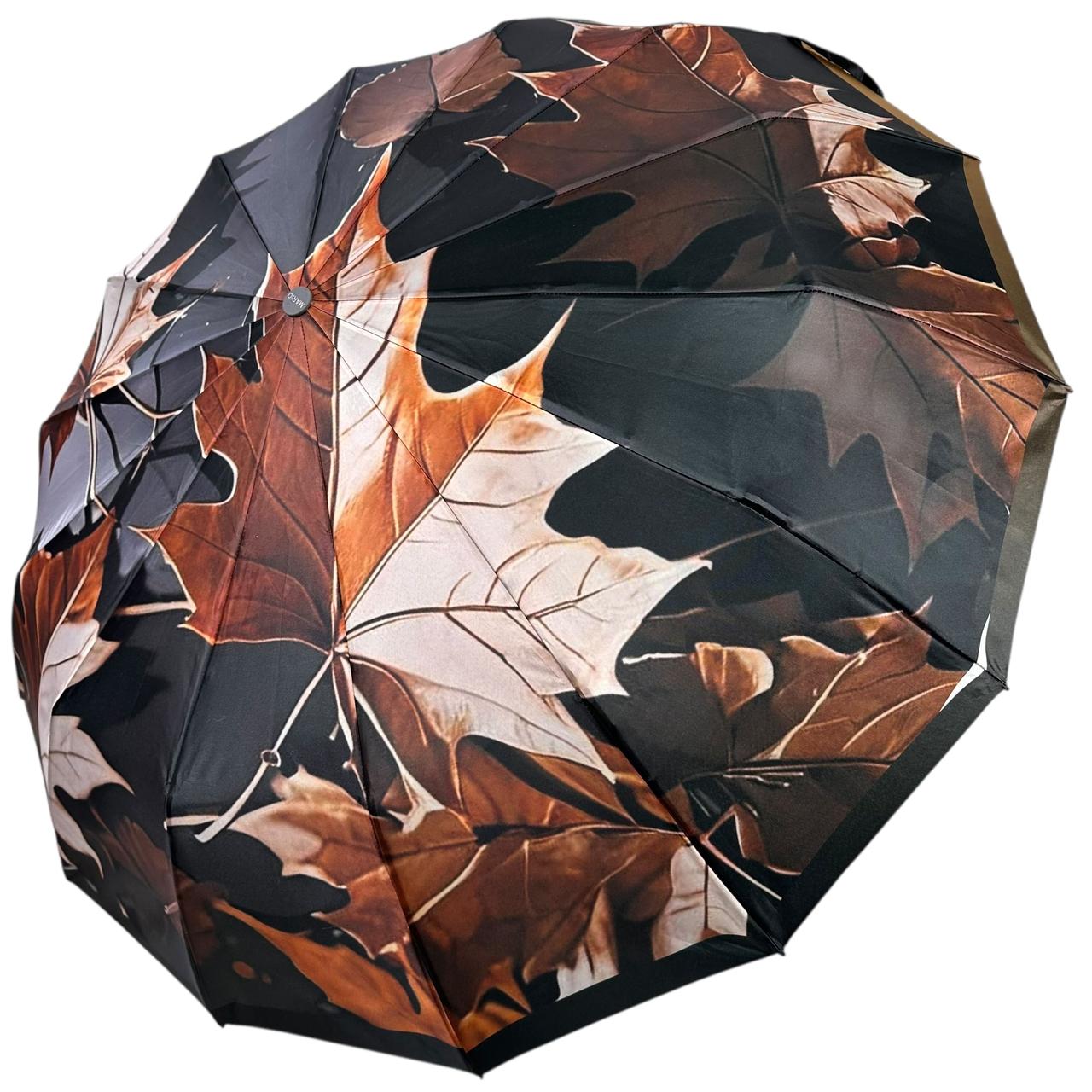 Жіноча парасоля автомат на 14+3+2 сигментних карбонових спиць сатиновий купол з принтом листя від Mario, ручка сіра, MR 02025-3, фото 1