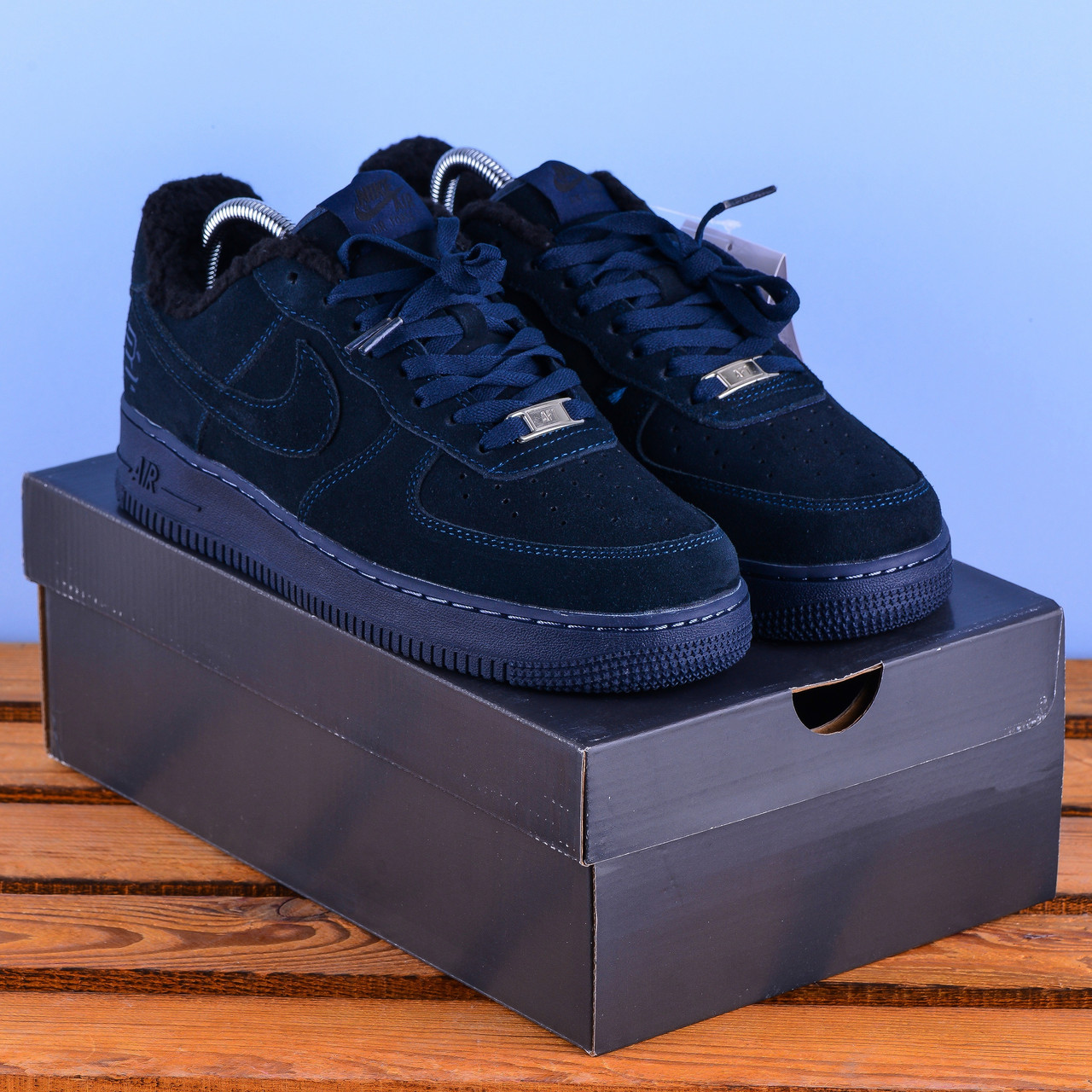 Зимові Кросівки Nike Air Force темно-сині на хутрі, фото 1