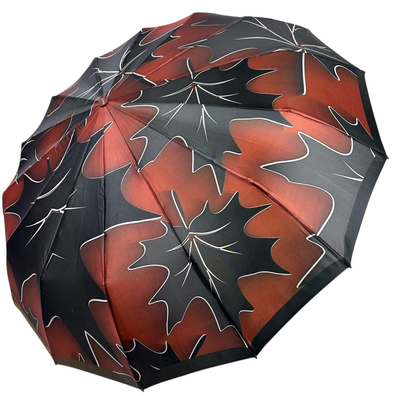 Жіноча парасоля автомат на 14+3+2 сигментних карбонових спиць сатиновий купол з принтом листя від Mario, ручка бордова, MR 02025-5
