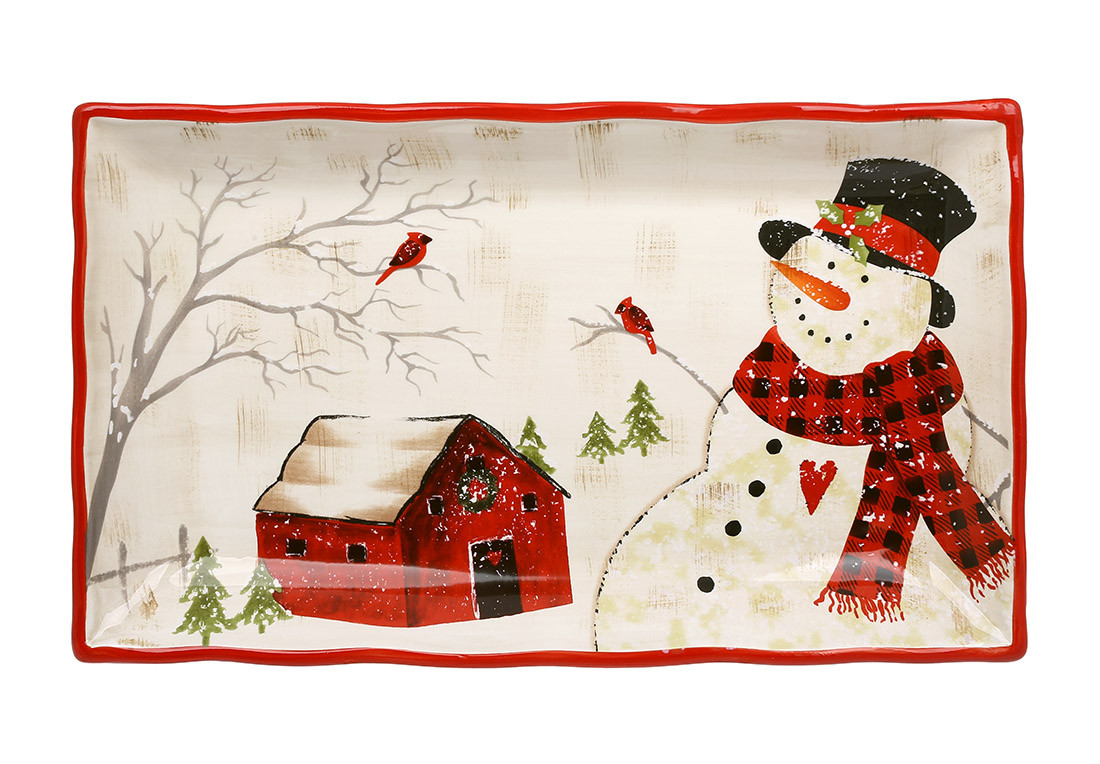 Блюдо новорічне керамічне Сніговик 38×23см, фото 1