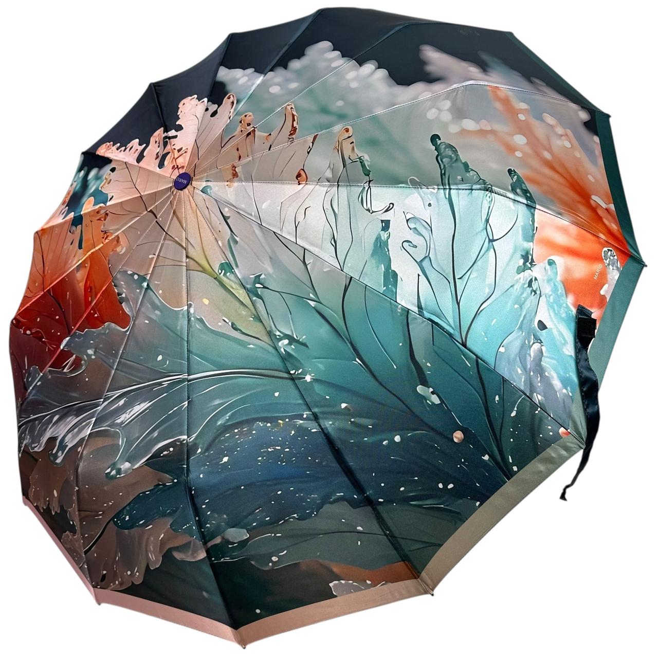 Жіноча парасоля автомат на 14+3+2 сигментних карбонових спиць сатиновий купол з принтом від Mario, ручка фіолетова, MR 02025-6, фото 1