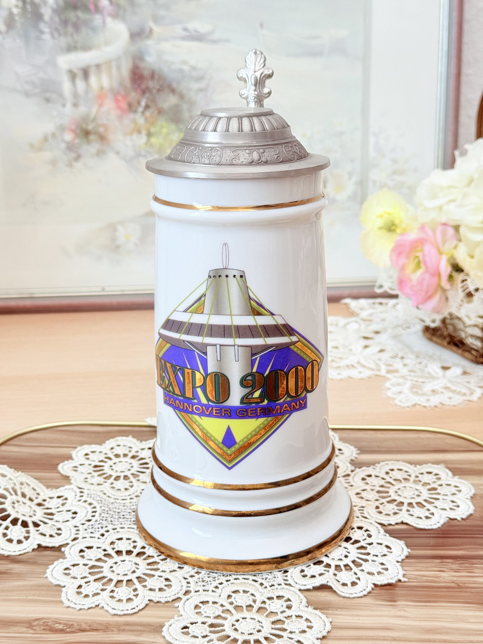 Німецький пивний келих, кухоль для пива, кераміка, олов'яна кришка, Німеччина, Hannover 2000, фото 1