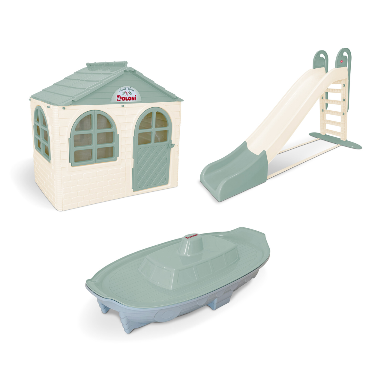 НАБІР Дитячий ігровий пластиковий будиночок зі шторками, велика пластикова гірка та пісочниця ТМ Doloni, фото 1