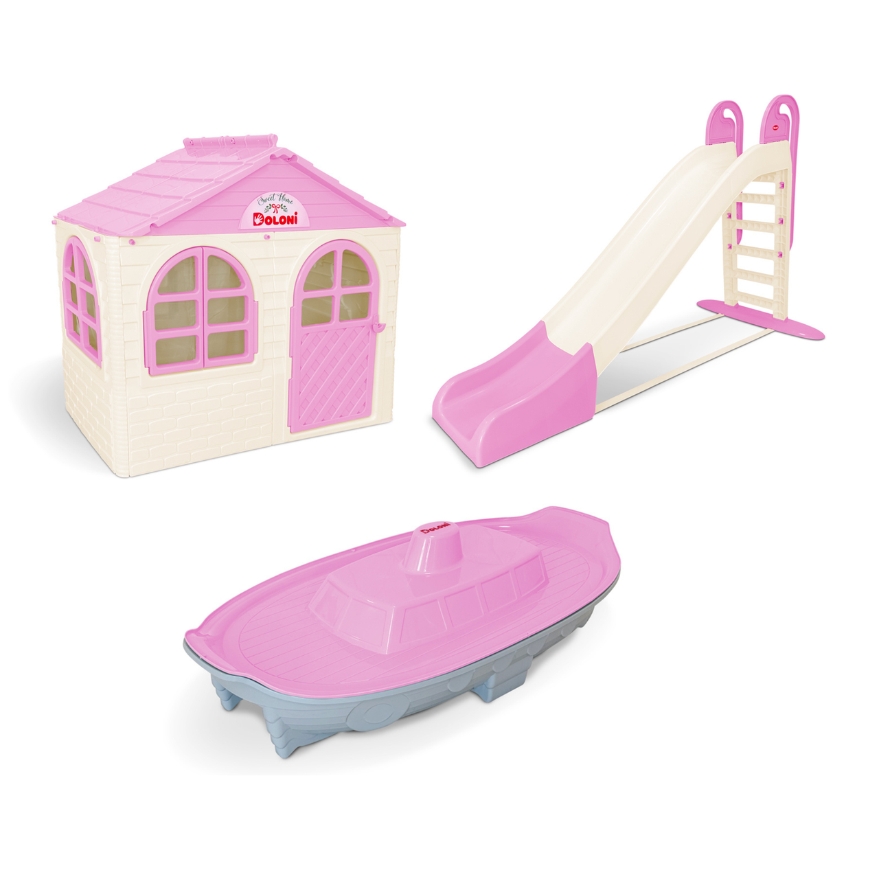 НАБІР Дитячий ігровий пластиковий будиночок зі шторками, велика пластикова гірка та пісочниця ТМ Doloni, фото 1