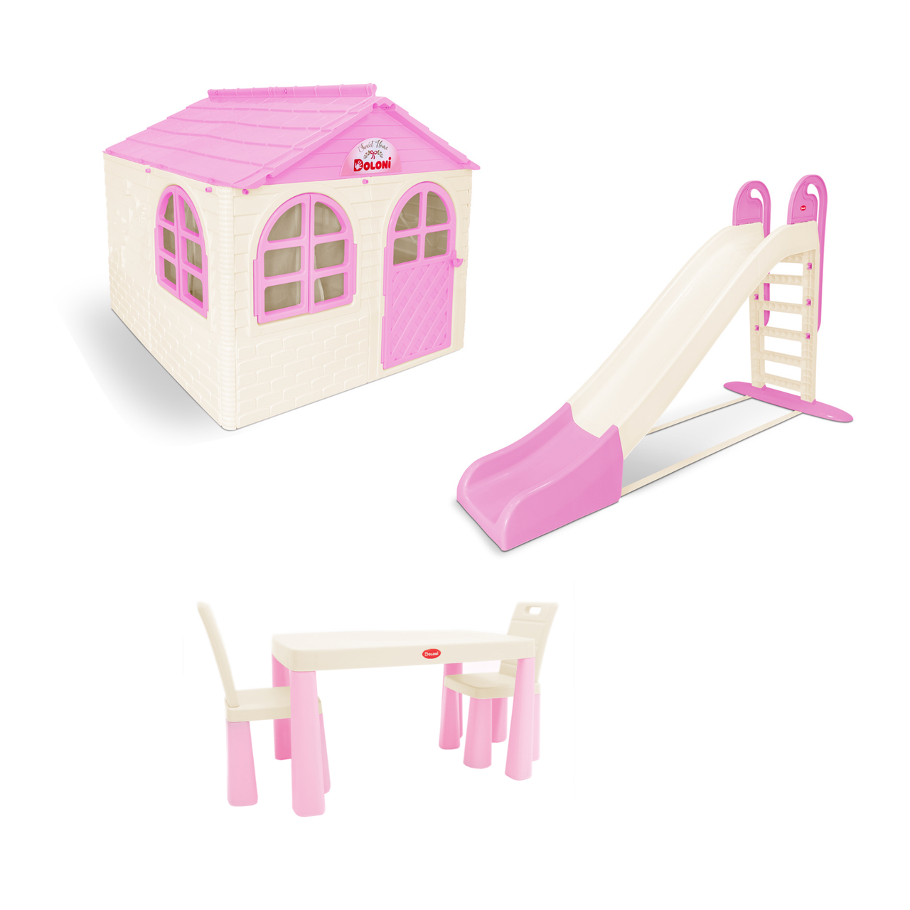 МЕГА НАБІР Середній ігровий будиночок зі шторками, велика пластикова гірка і столик зі стільчиками ТМ Doloni, фото 1