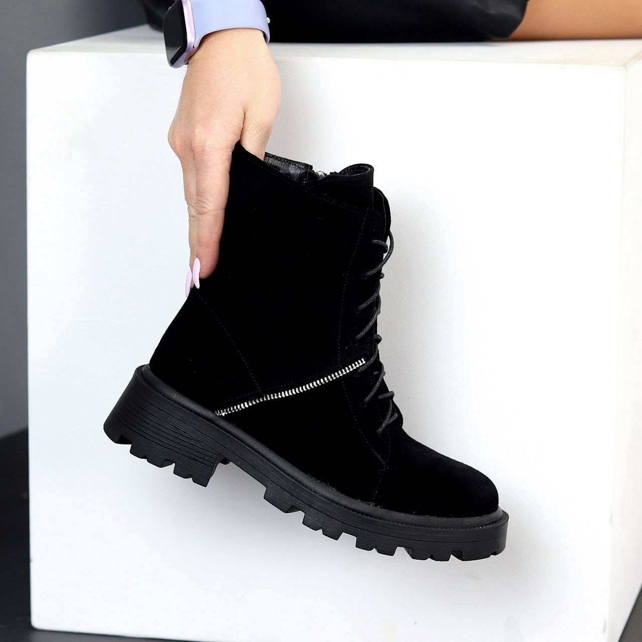 Стильні чорні черевики на кожен день натуральна замша на флісі, фото 1