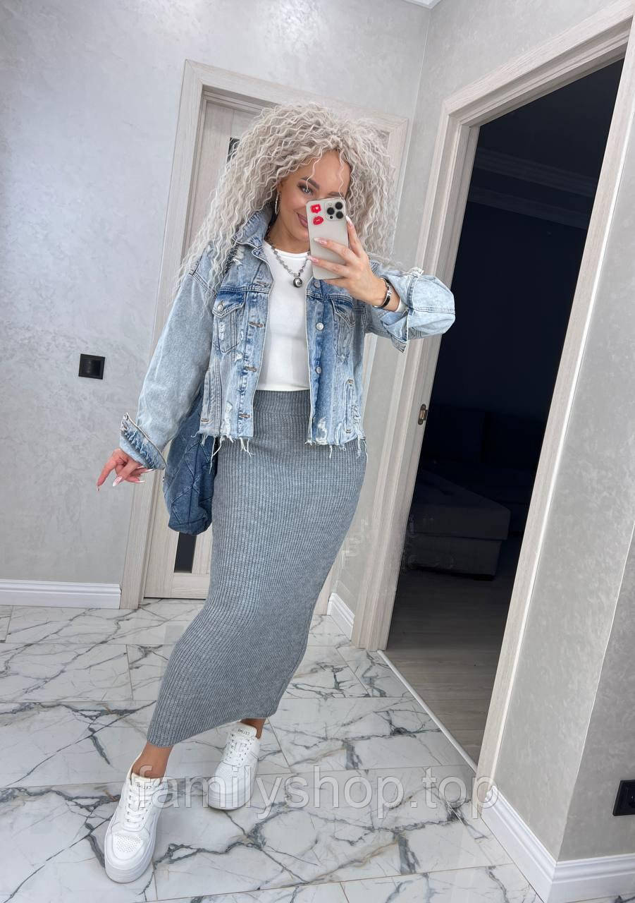 В'язана спідниця олівець довга тепла осінь-зима, сіра onesize 42/48, фото 1