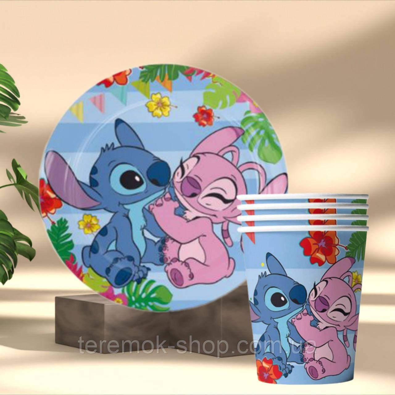 Набір посуду Стіч з подругою одноразового паперового з малюнком 10 склянок і 10 тарілок, фото 1