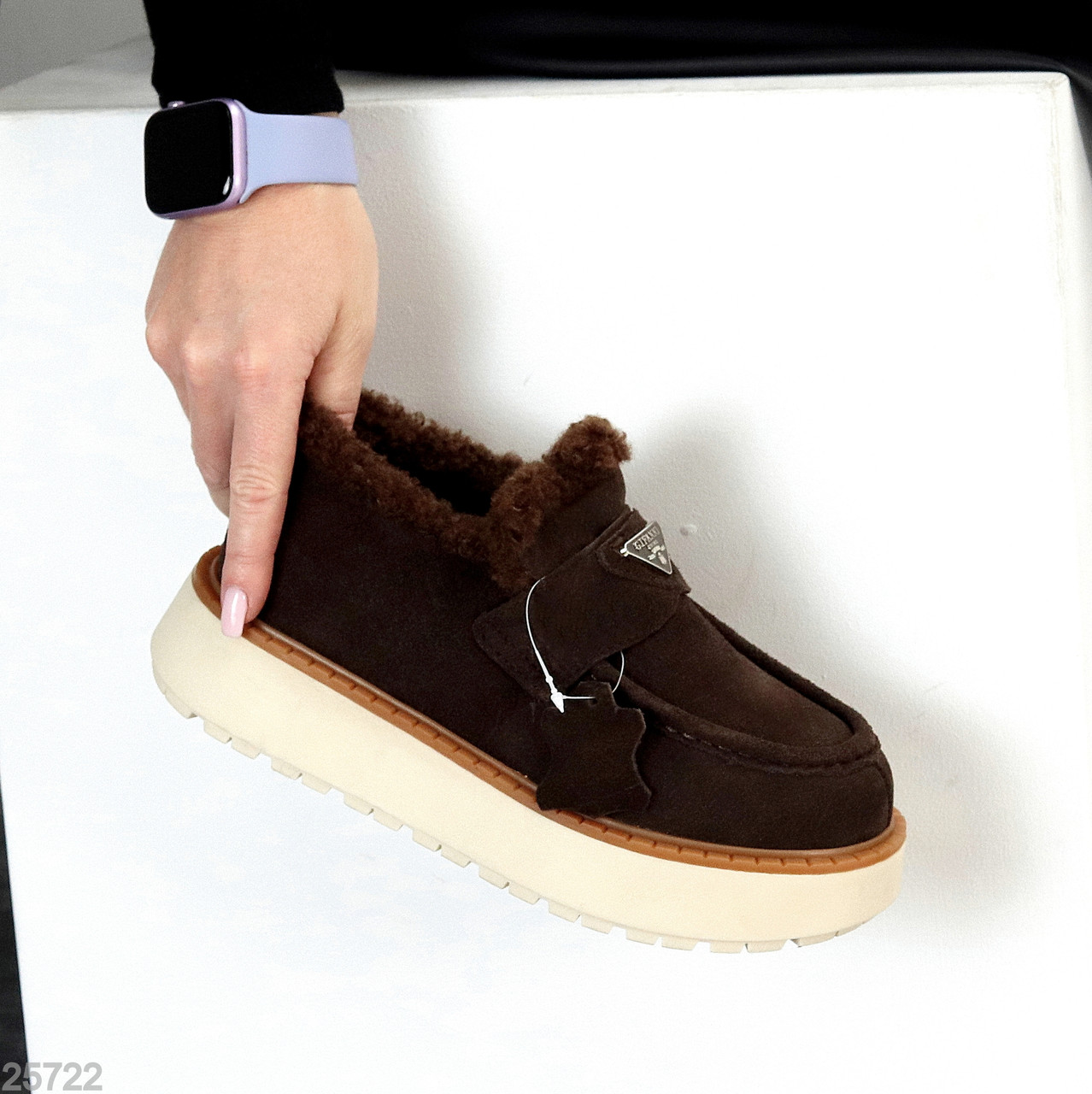 Утеплені шоколадні лофери натуральна замша на світлій підошві, фото 1