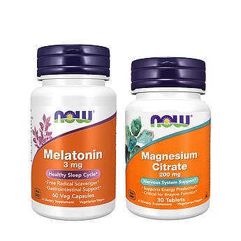 Магній 200 мг №30,  мелатонін 3мг №60 NOW Foods + MELATONIN, Magnesium Citrate, набір зі знижкою, 2 шт