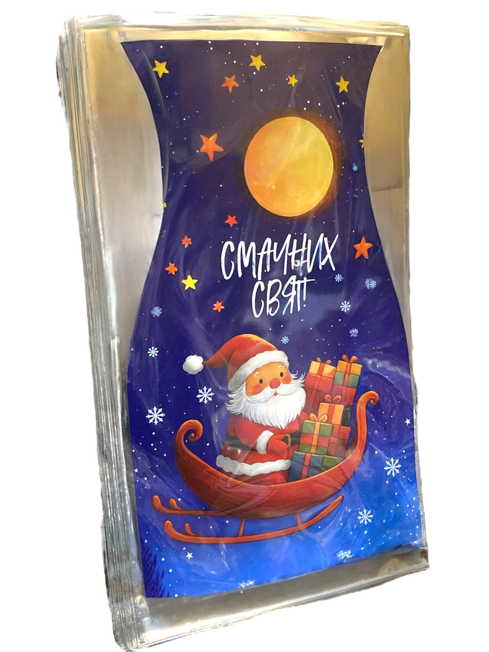 Пакет поліпропіленовий новорічний для цукерок до 1 кг Фольга Санта та сани на синьому тлі, фото 1