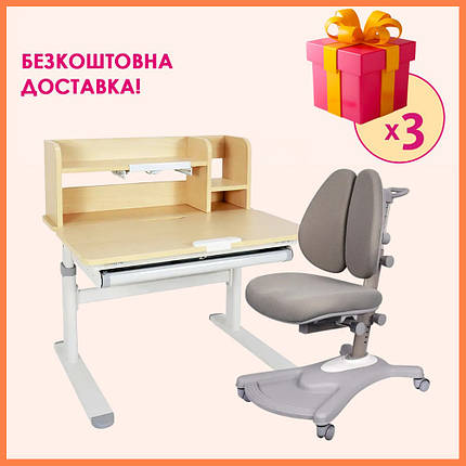 Комплект парта (стіл) з надбудовою Fundesk Invito Grey + дитяче ортопедичне крісло Fundesk Fortuna Grey для школяра, фото 1