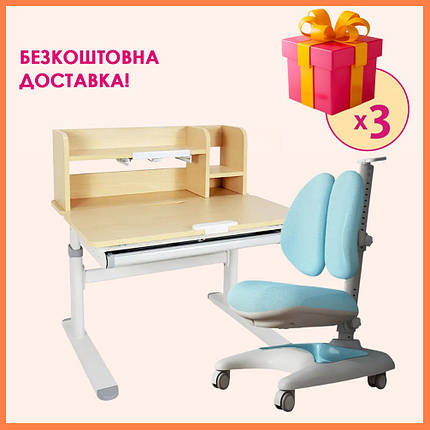 Комплект парта (стіл) з надбудовою Fundesk Invito Grey + дитяче ортопедичне крісло Fundesk Premio Blue для школяра, фото 1