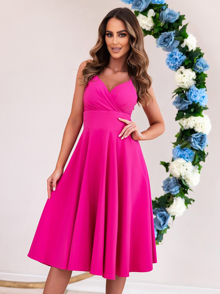 Витончене красиве коктейльне плаття на подвійних бретелях, малинове, фото 1