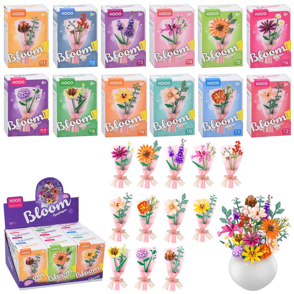 Конструктор 01025-36 (144шт) квіти, букет, від 128дет, в кор-ці, 12шт(12видів) в дисплеї, 25-13-17см, фото 1