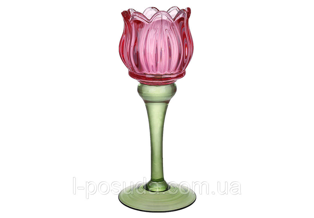 Скляний свічник Тюльпан 19 см яскраво-рожевий з зеленню, фото 1