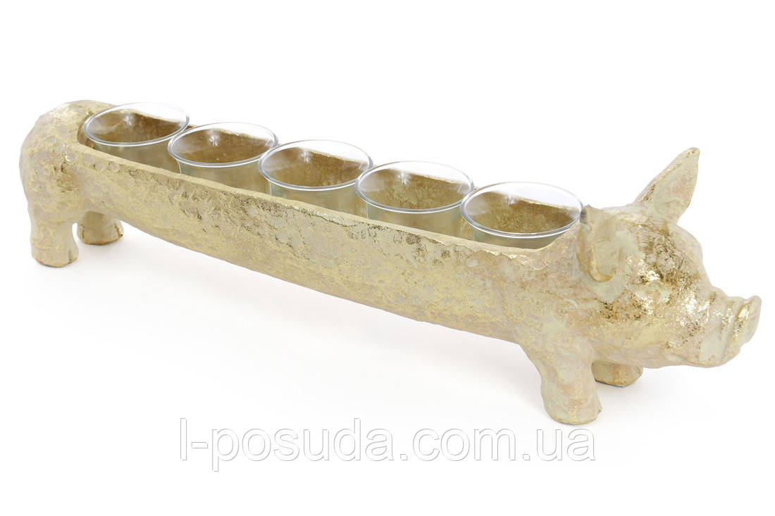 Золотий свічник Свинка на 5 свічок зі скляними колбами, фото 1
