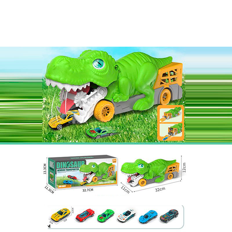 Трейлер 3301-1 (24шт) 33,5см, 2в1(трек), корпус динозавр,гумові колеса 2шт, машина (2шт, метал, 7см), в кор-ці, 33-13,5-11,5см, фото 1