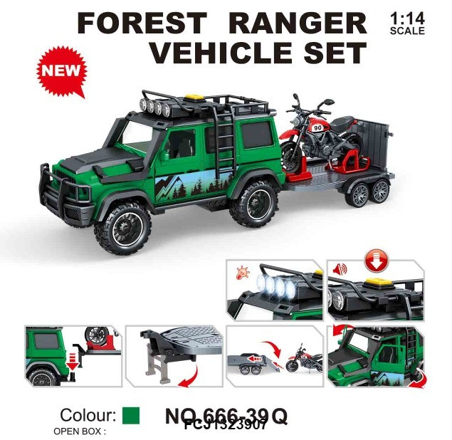 Джип 666-39Q (24шт) інерц,з причепом, 40см, гумові колеса, відчиняються двері, музика, світло, мотоцикл, на бат(табл), в, фото 1