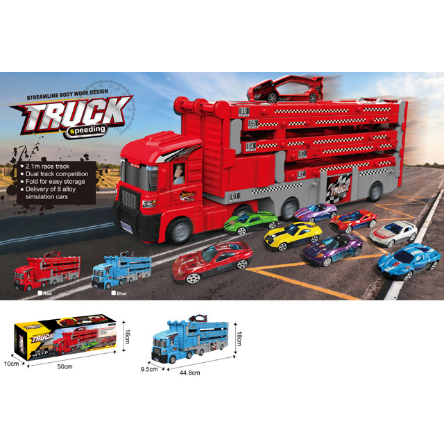 Трейлер 7022T (12шт) інерц, 44,5см/трек 210см, рухливі деталі, гумові колеса, машинки 7см 7шт, 2 кольори, в кор-ці, 50-16-10см, фото 1