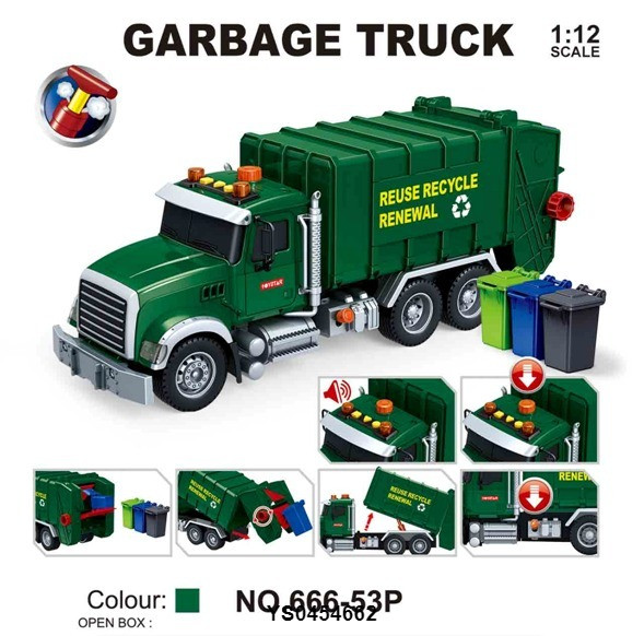 Спецтехніка 666-53P (18шт) сміттєвоз, 38,5см, інерц, звук, світло, рухливі деталі, сміт.контейнери, на бат(табл), в, фото 1
