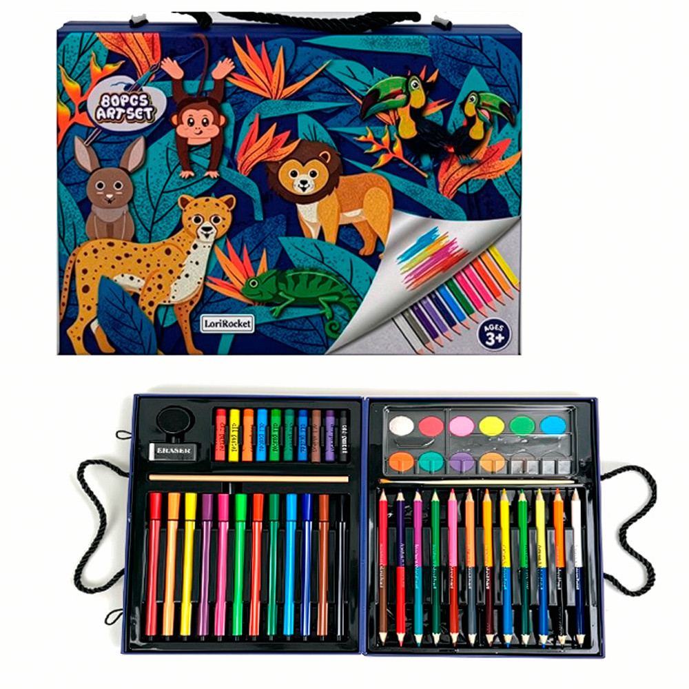 Канцелярський набір A2201-2427-2331 (24шт) фломастери,олівці,воскова крейда, акв.фарби, розмальовки, наліпки, 80пр,мікс видів,в, фото 1