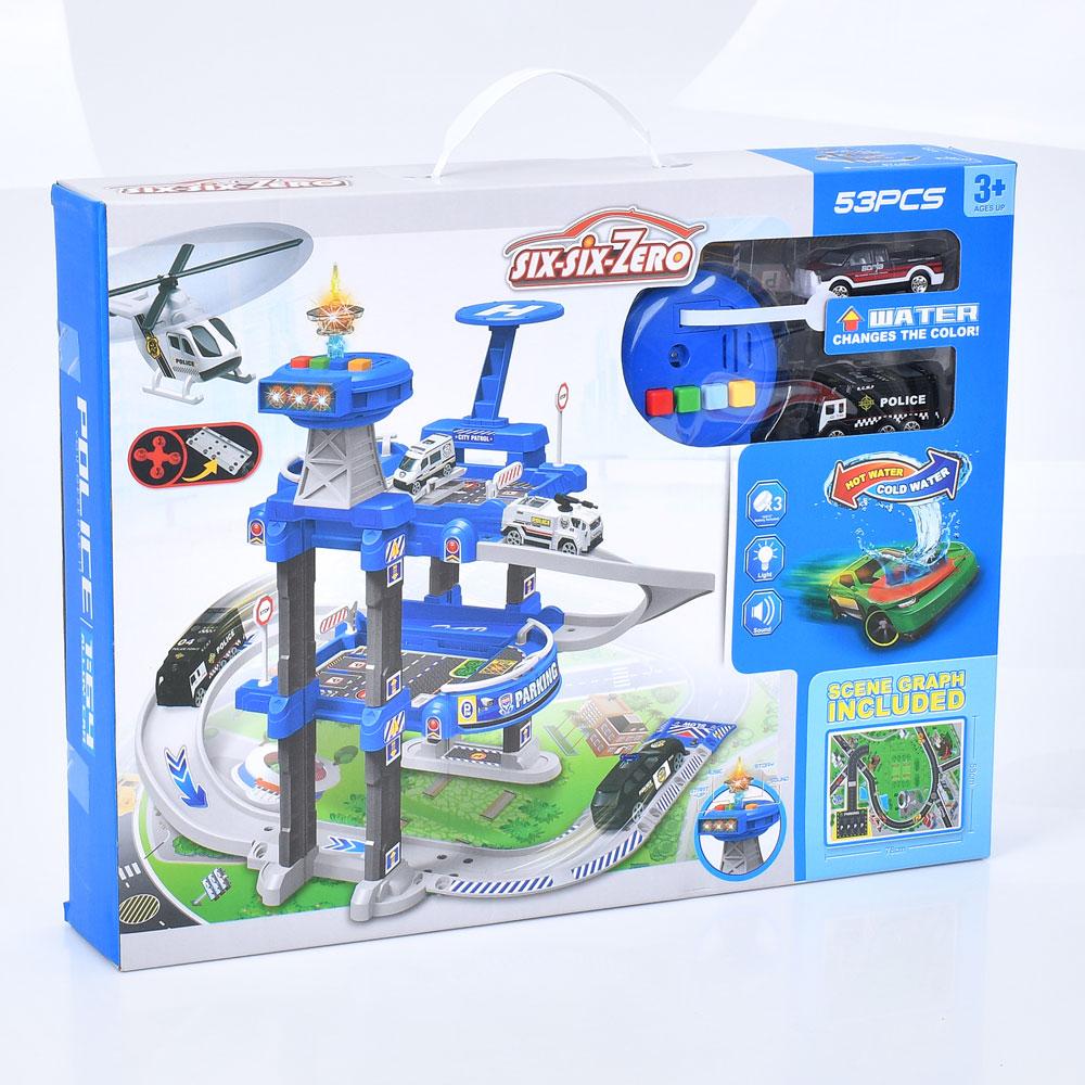 Гараж 660-A304 (18шт) 47-38-в45см, поліція, 3 поверхи, звук, світло,машинки (метал)2шт1:64, ігрове поле78-58см,53дет,бат(табл),в, фото 1