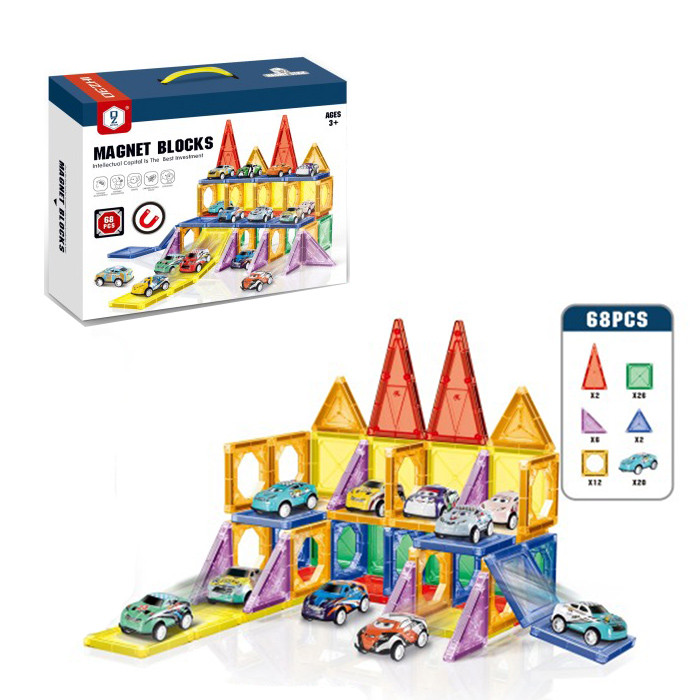 Конструктор HD119A (24шт) магнітний, гараж, машини 20шт (метал+пластик, 5см), 68дет, в кор-ці, 29-23-7см, фото 1