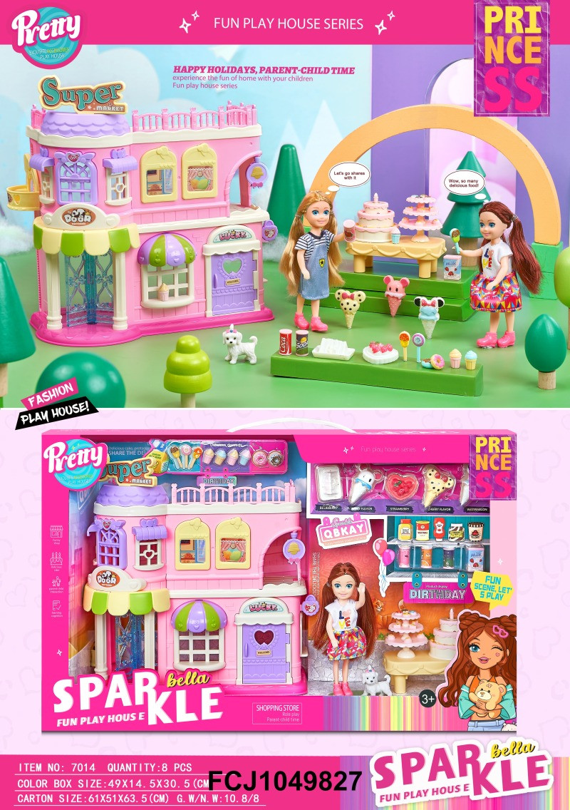 Будиночок 7014 (8шт) супермаркет, 23-13-в26см, 2 поверхи, лялька 14см, собачка, солодощі, в кор-ці, 49,5-31-15см, фото 1